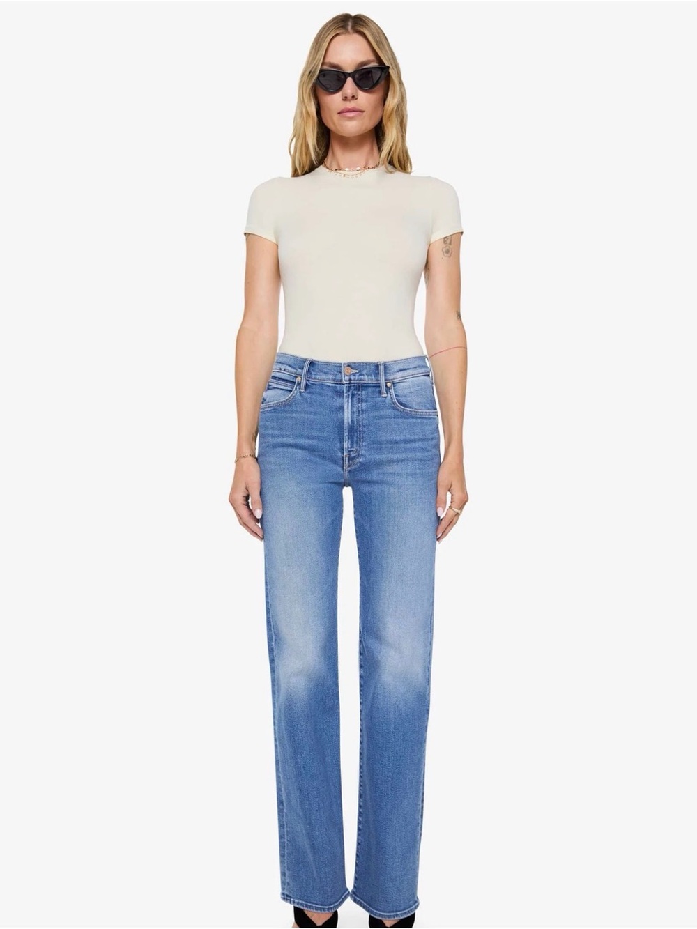 Mother Denim Mid-Rise Straight Leg Jeans in Light Blue